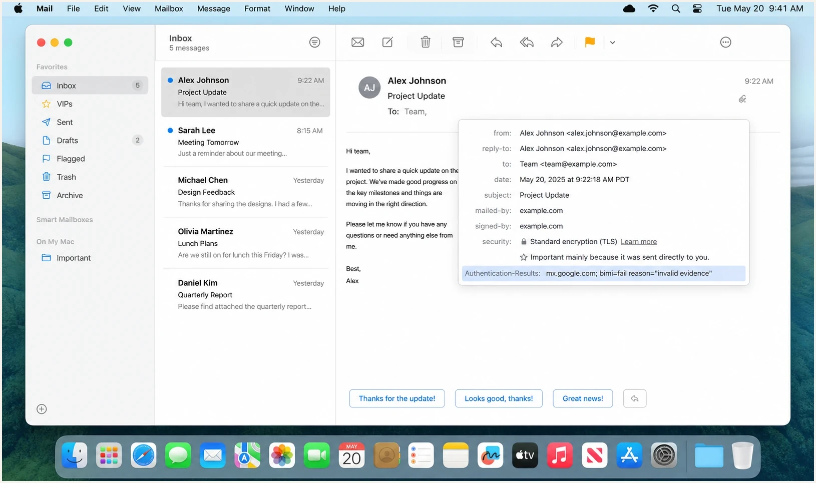 Apple Mail header view showing a BIMI invalid evidence result.