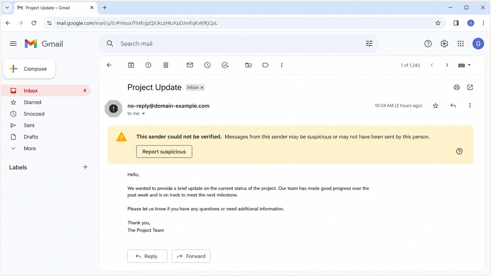 Gmail message view with a sender verification warning banner.