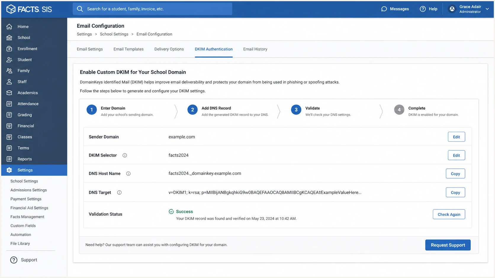 FACTS SIS custom DKIM setup request for a school domain.