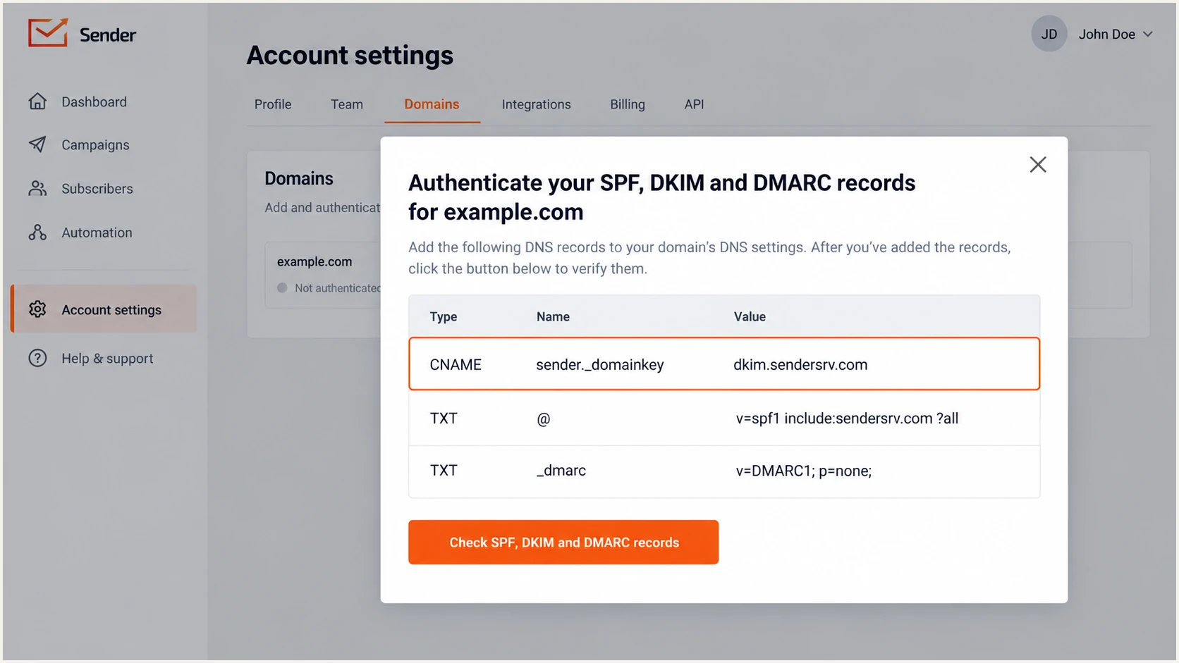 Illustration of Sender's DNS dialog showing the DKIM CNAME.