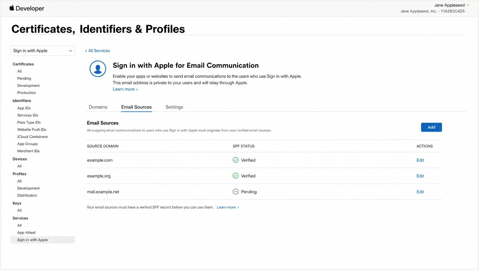 Apple Developer private email relay setup with source domains and SPF status.