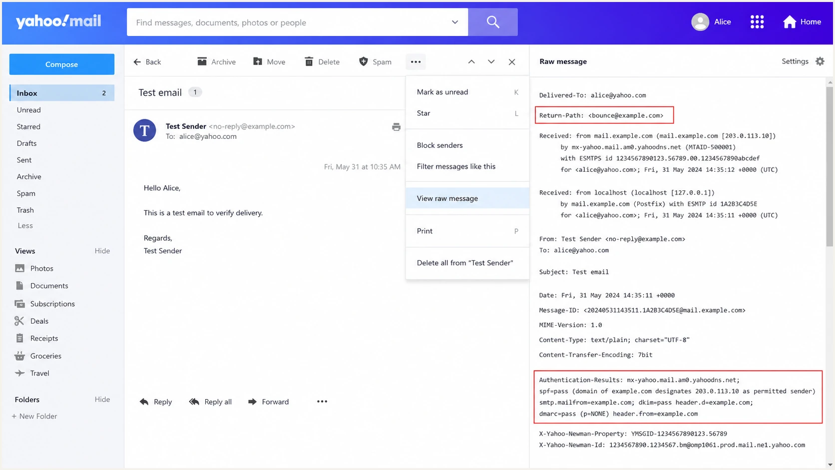 Yahoo Mail raw message showing Return-Path and SPF results