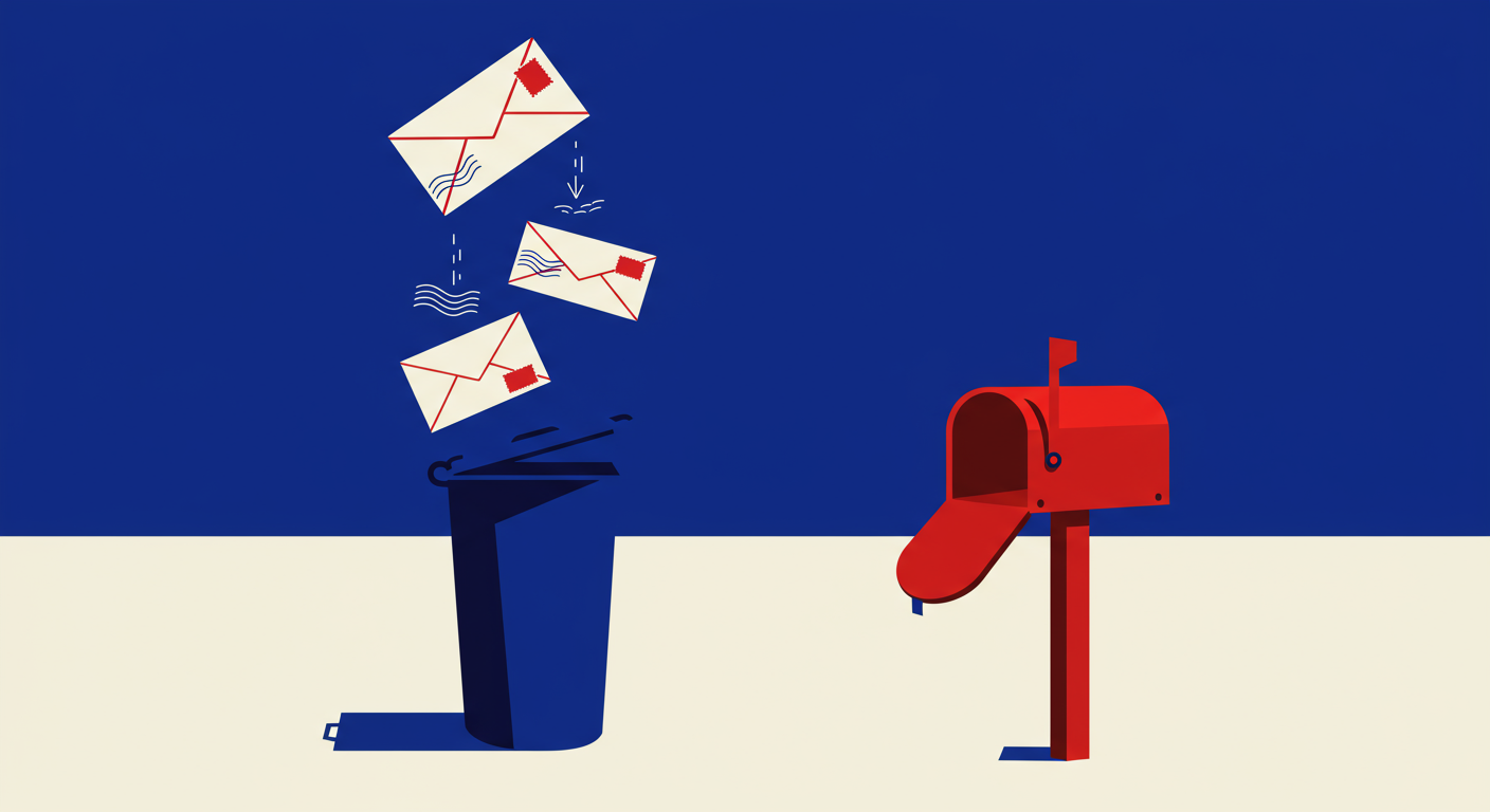 A series of envelopes falling directly into a trash can instead of a waiting mailbox. The style of the images should be A minimalist retro illustration in the style of Malika Favre. Dominant colors are bright poppy red and deep royal blue. Vector art, high contrast. Do not put any words in the image or alphanumeric characters. 