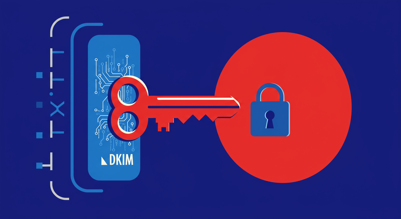 An abstract illustration of a key fitting into a digital lock, representing DKIM authentication. The style of the images should be A minimalist retro illustration in the style of Malika Favre. Dominant colors are bright poppy red and deep royal blue. Vector art, high contrast. Do not put any words in the image or alphanumeric characters.