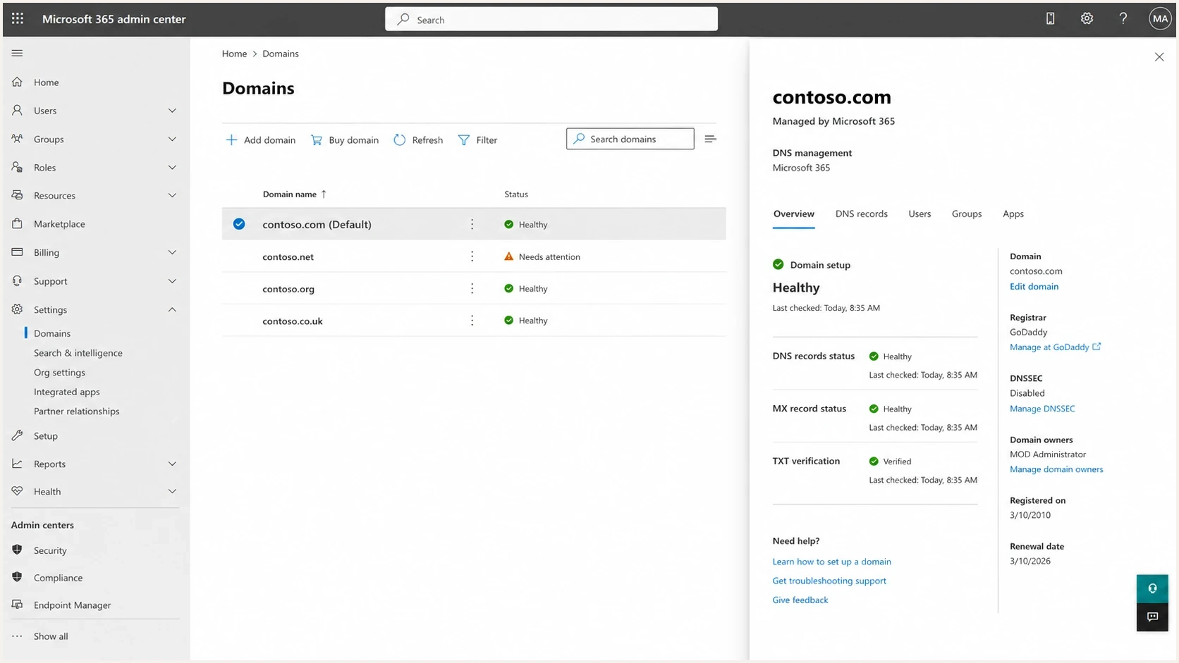 Microsoft 365 admin center domain settings screenshot