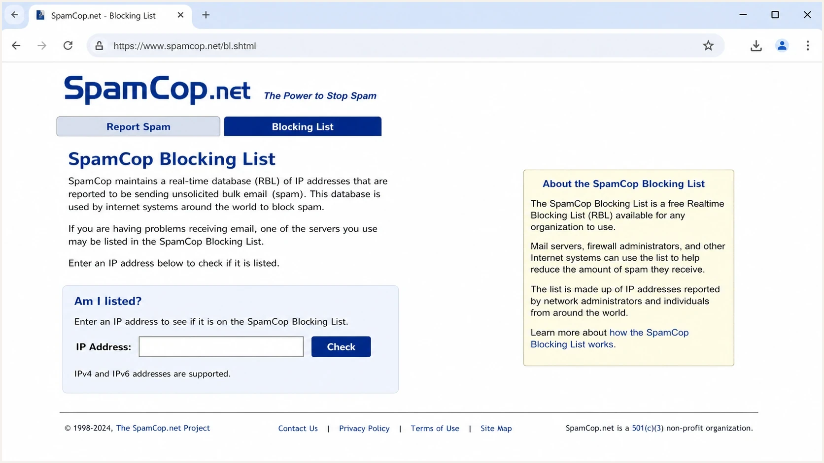 Screenshot-style view of the SpamCop.net Blocking List lookup page.