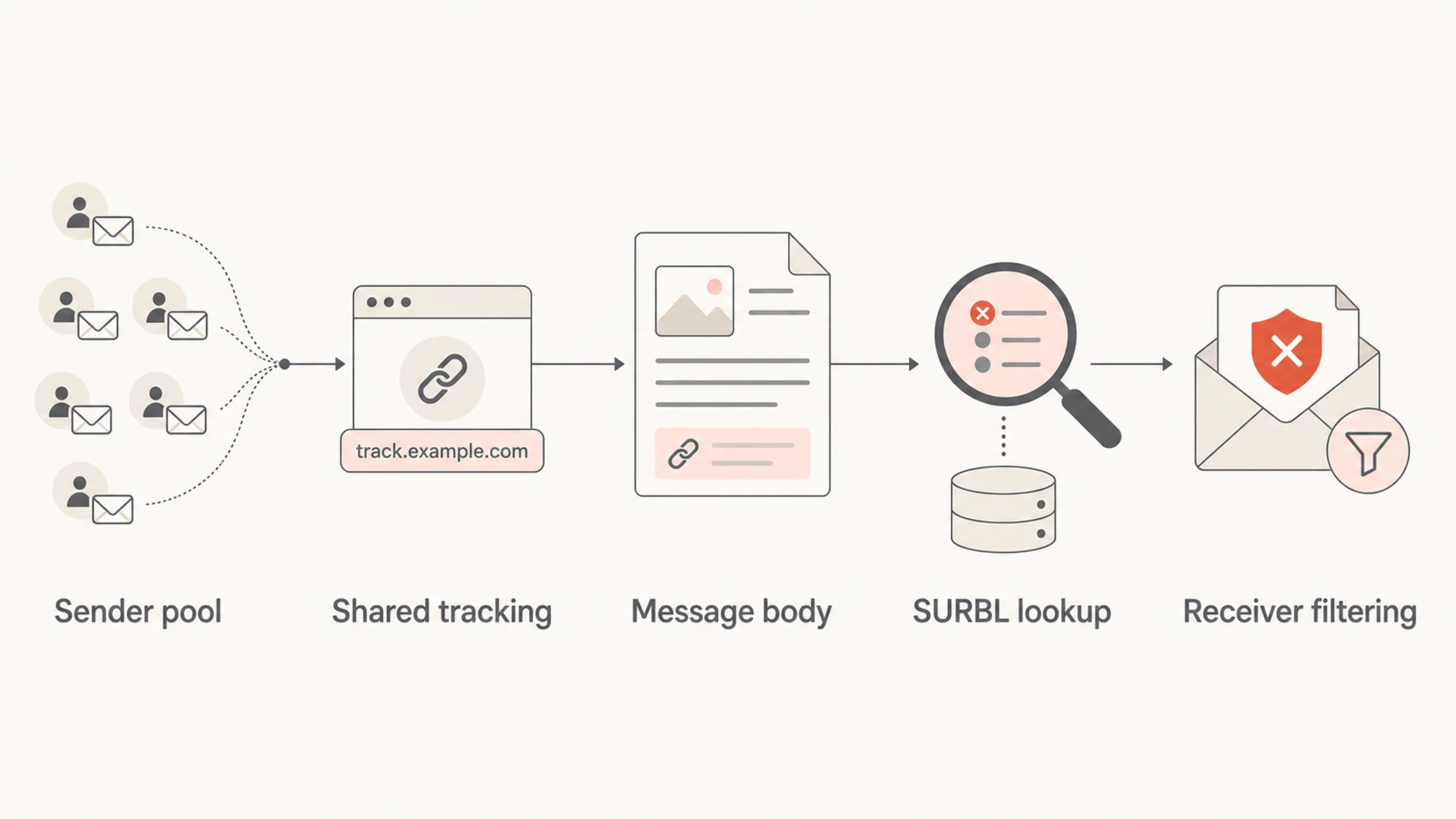 Diagram showing how shared tracking URLs can affect receiver filtering