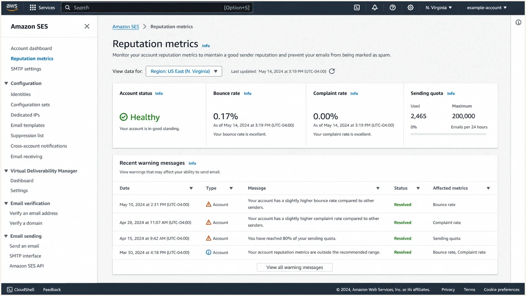 Amazon SES reputation metrics screen showing bounce and complaint status.