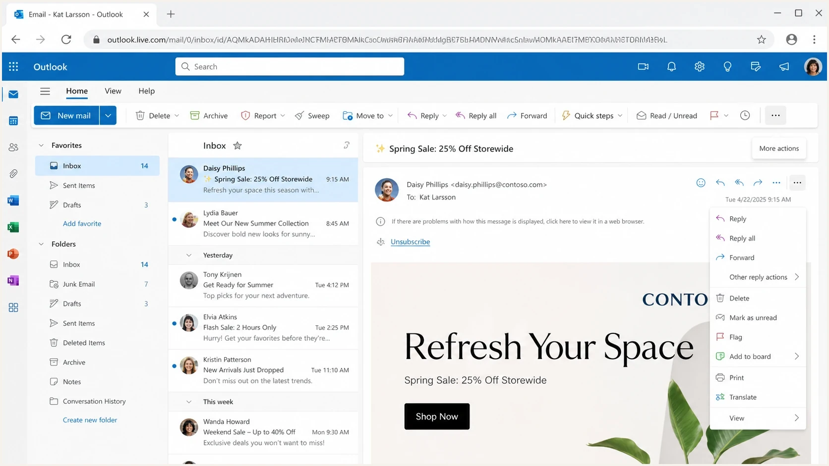 Microsoft Outlook on the web showing where an unsubscribe control can appear.