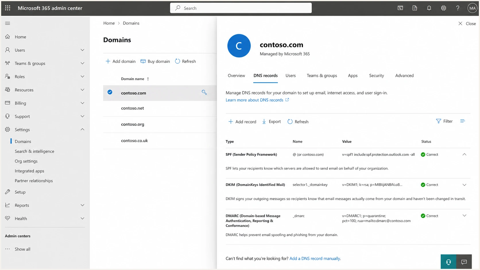 Microsoft 365 admin center domain screen showing DNS and email authentication status.