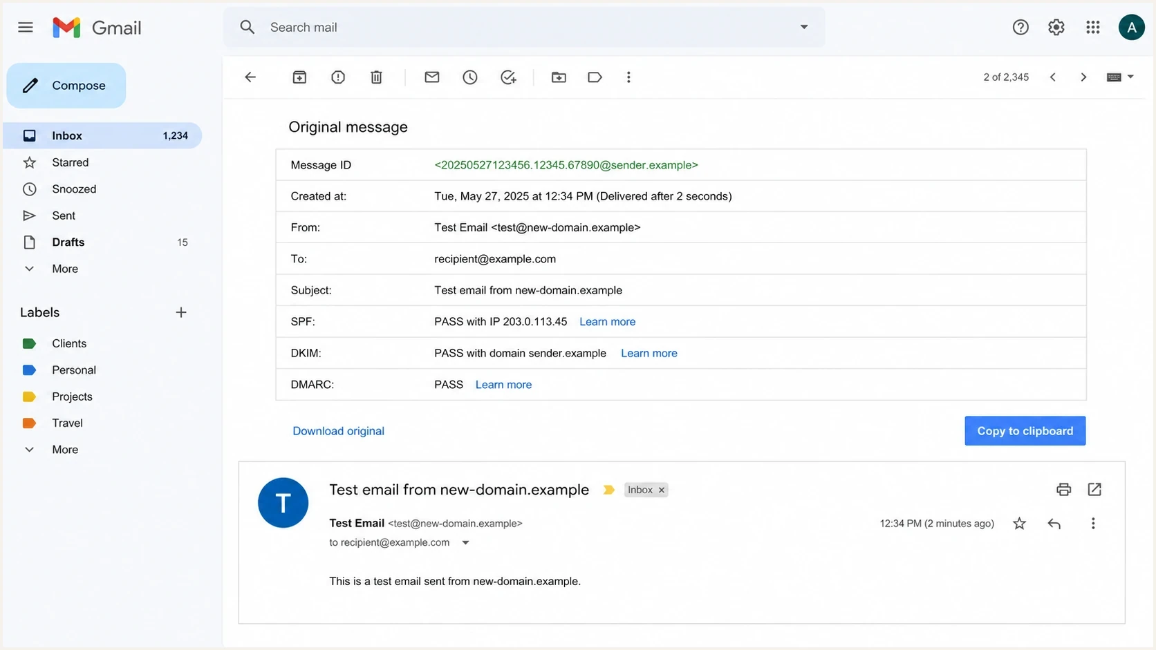 Gmail Show original screen showing SPF, DKIM, and DMARC checks for a new domain test message.