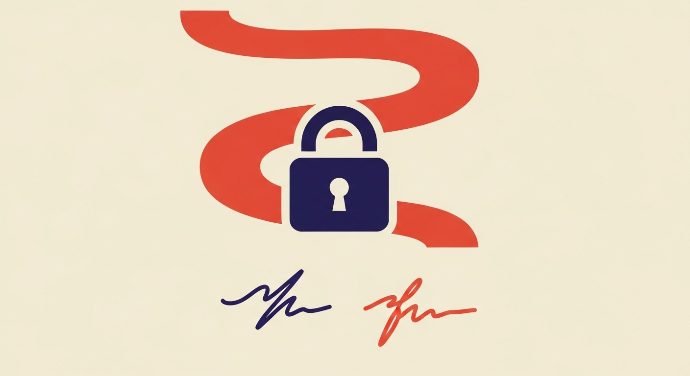 Abstract illustration of a secure email with a lock and digital signatures, representing DKIM authentication