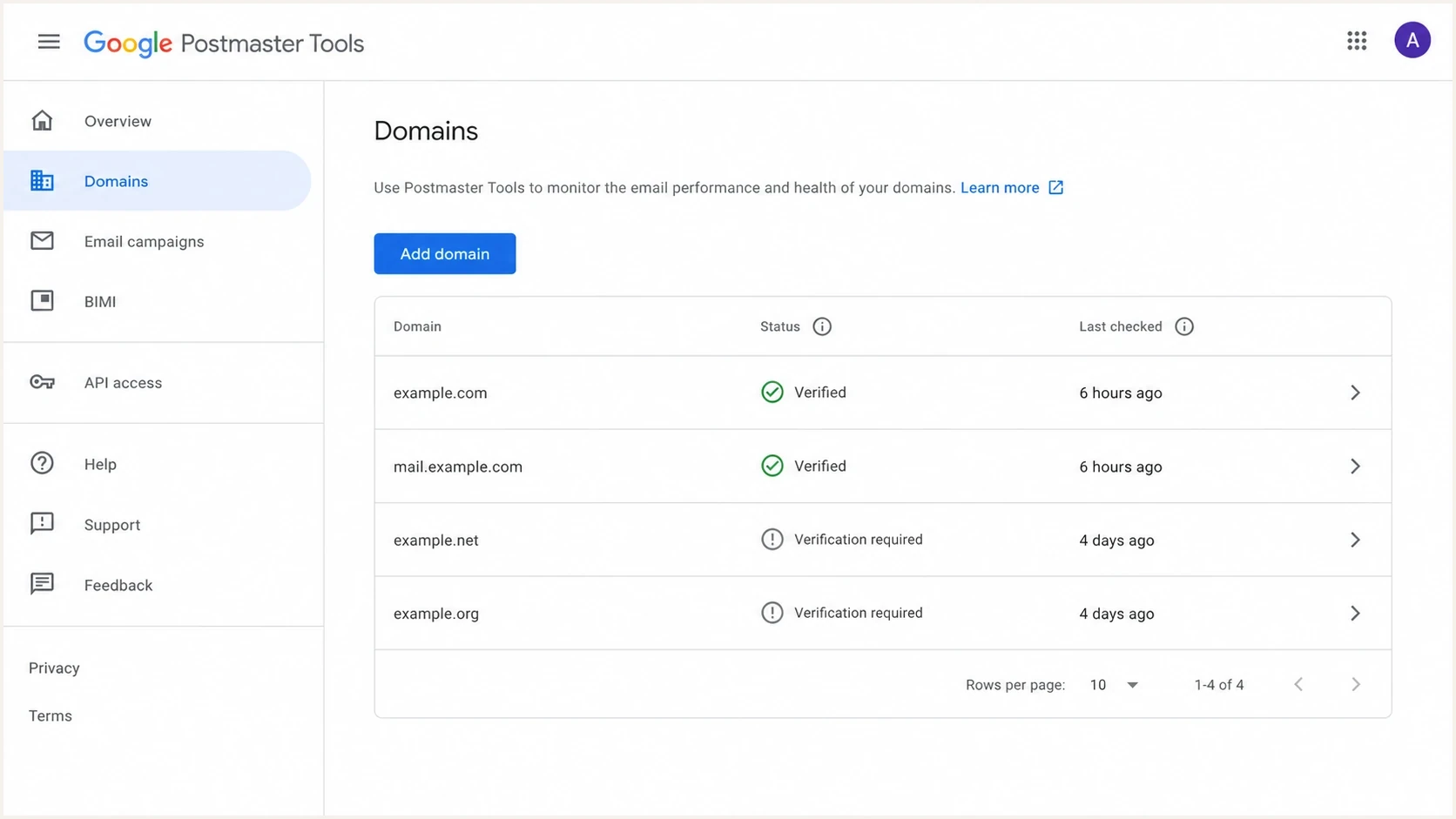 Google Postmaster Tools domain management page with status and last checked details.