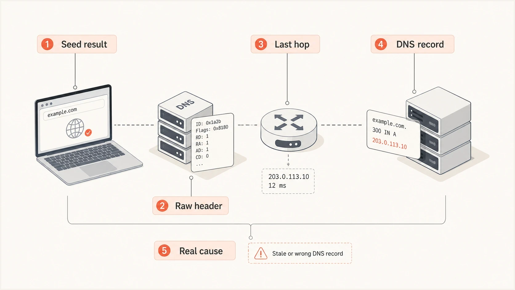 Email authentication test workflow comparing seed results with headers, relay hops, DNS, and root causes.