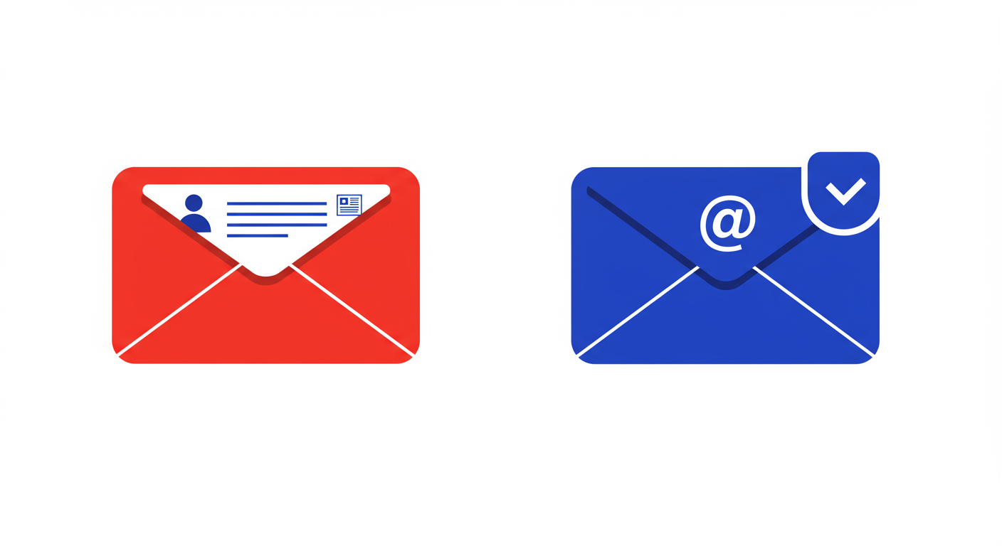 A minimalist illustration of two different email envelopes, one with a user's domain and one with a third-party service's domain, representing the two 'from' addresses. The style of the images should be A minimalist retro illustration in the style of Malika Favre. Dominant colors are bright poppy red and deep royal blue. Vector art, high contrast. Do not put any words in the image or alphanumeric characters.