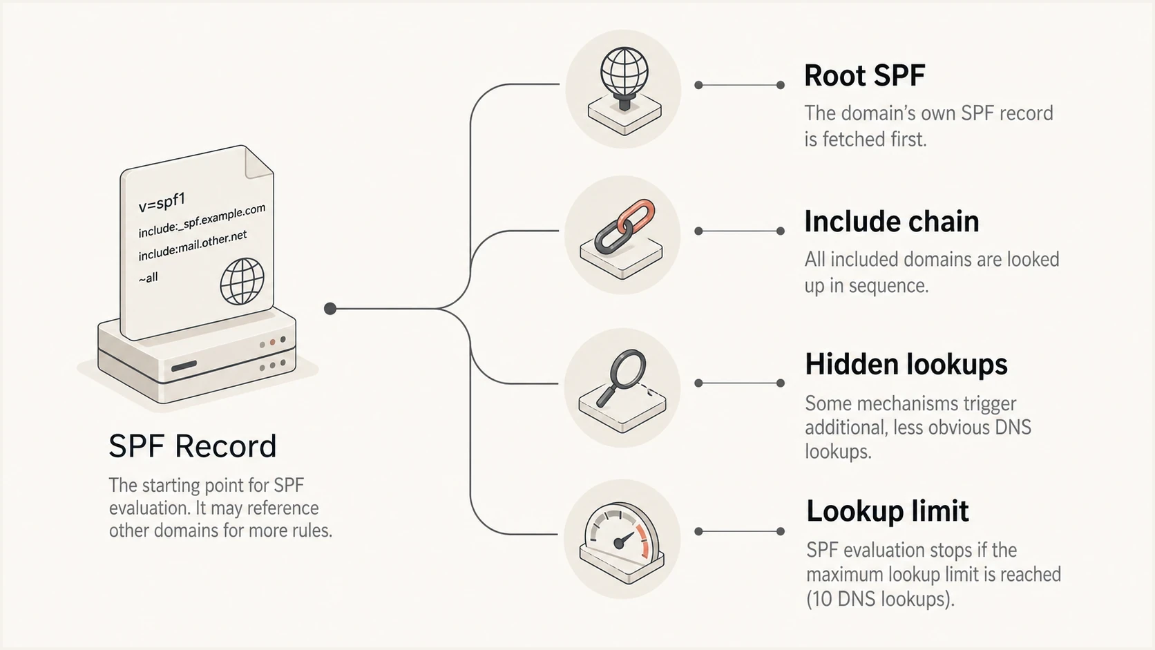 SPF include chains can hide extra DNS lookups under one visible record.