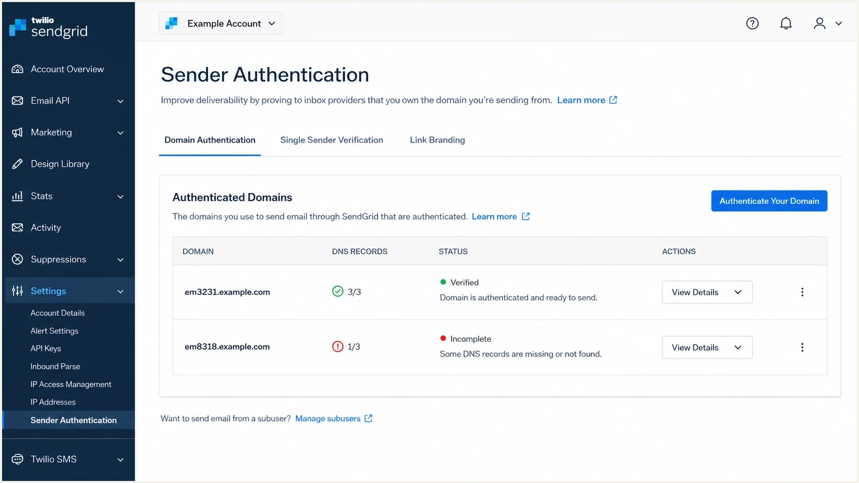 Twilio SendGrid sender authentication screen with verified and incomplete bounce subdomains.