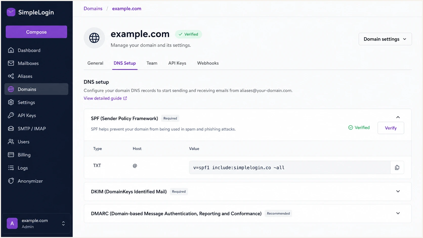 SimpleLogin SPF record and verified status