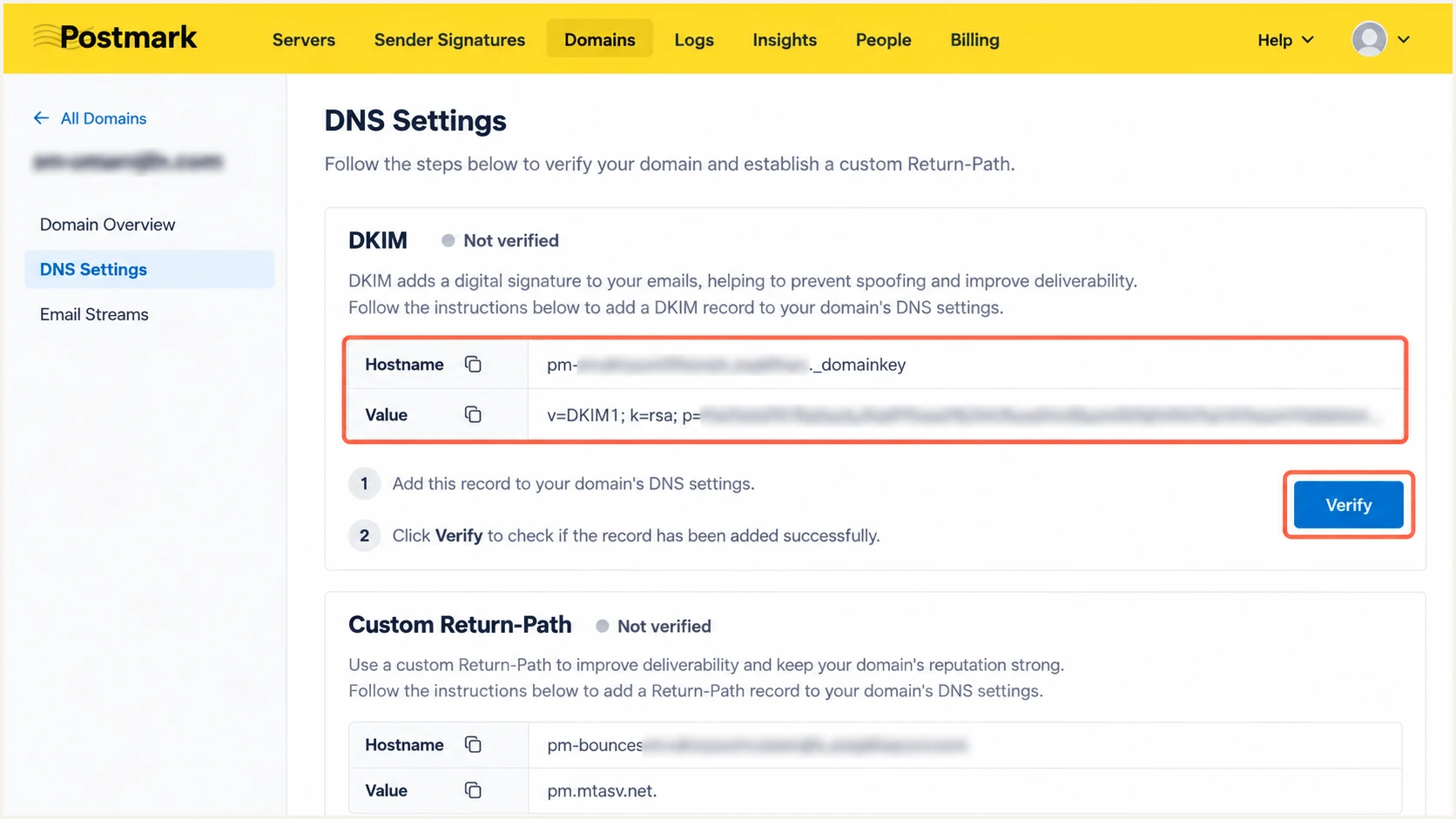 Copy the account-specific DKIM TXT record and verify it in Postmark.