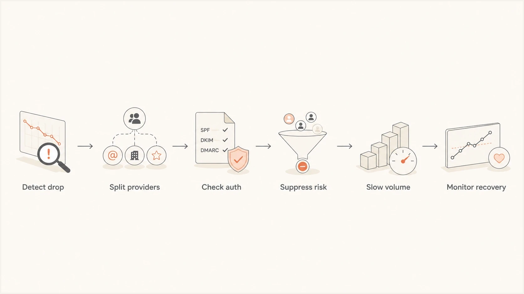 Flowchart showing SFMC deliverability recovery from detection through monitoring.