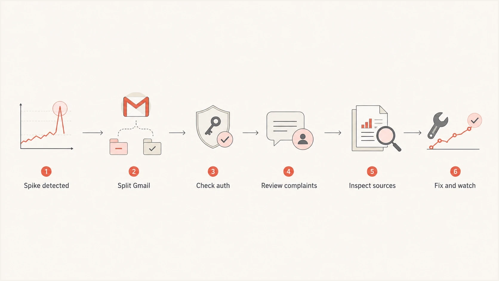 Flowchart showing the order for investigating a sudden Gmail spam filtering spike.