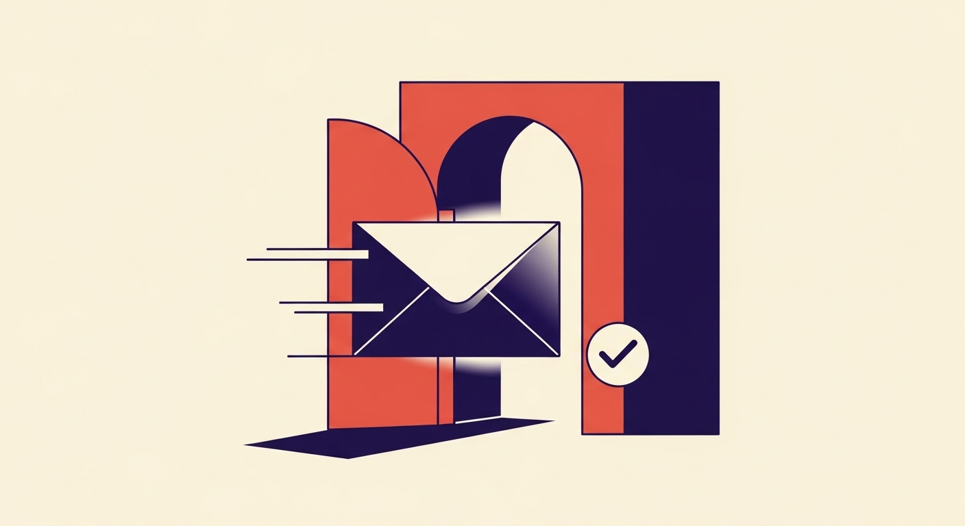 An email envelope with a checkmark passing through a security gate, symbolizing DMARC authentication.