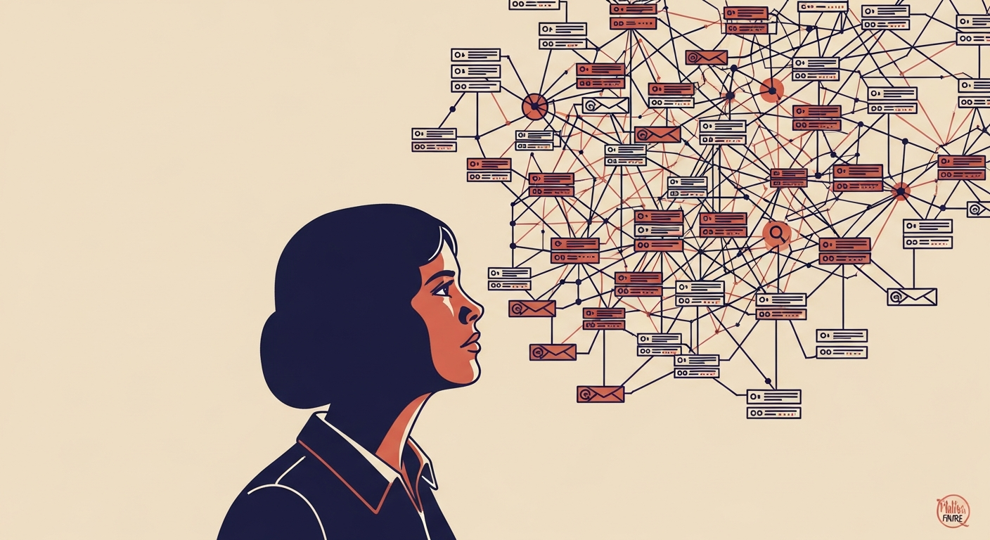 An illustration of a person navigating a complex web of DNS and email server connections.