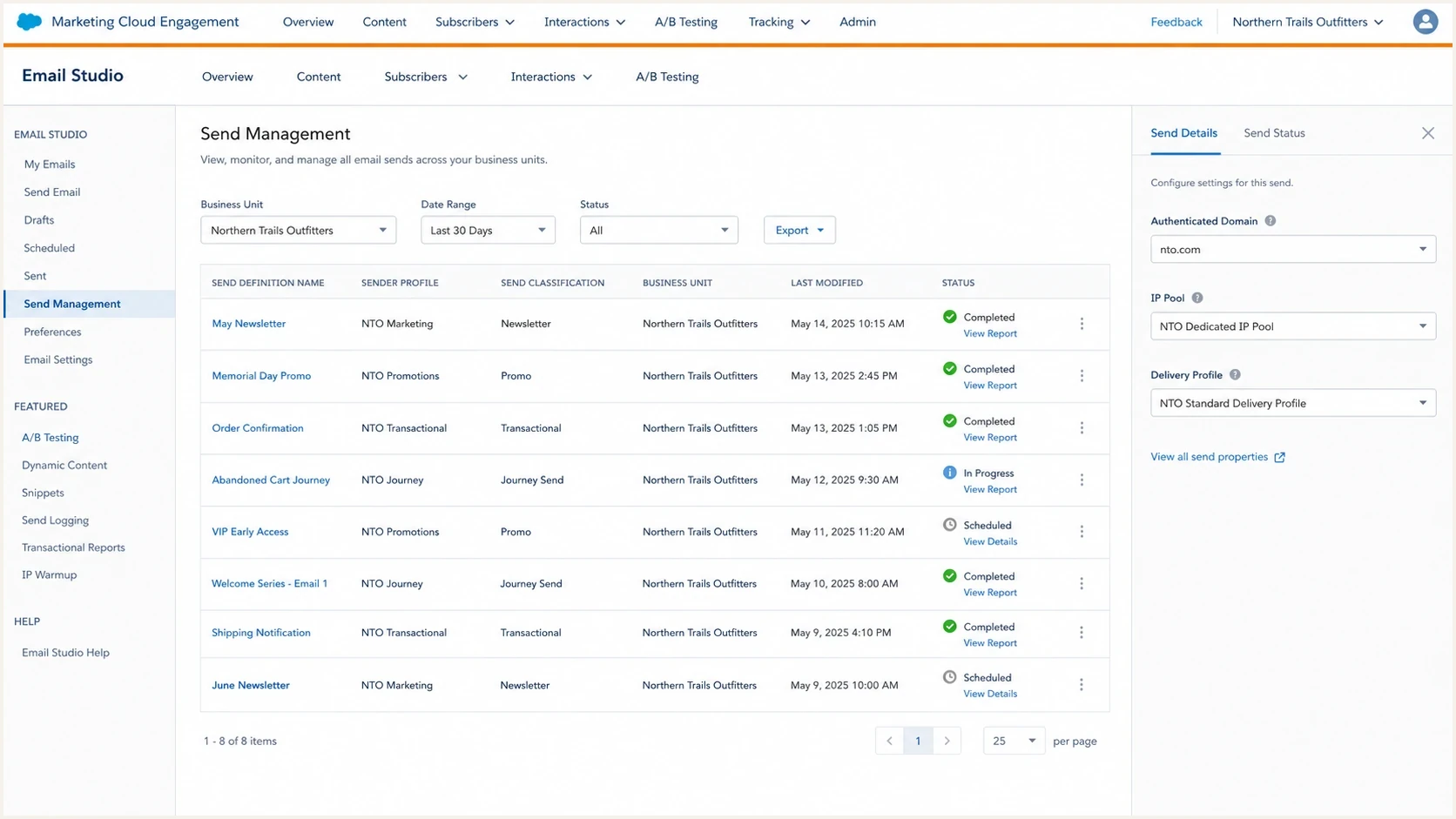 Salesforce Marketing Cloud Engagement screen showing send configuration fields that affect authentication.