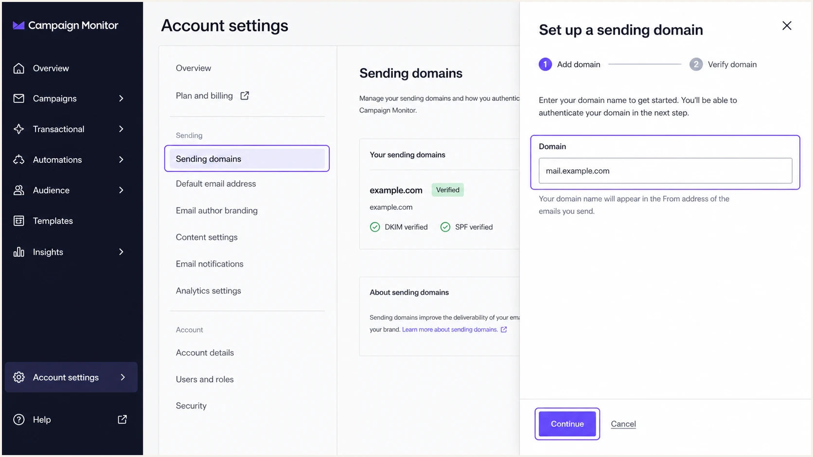 Campaign Monitor sending domain setup screen