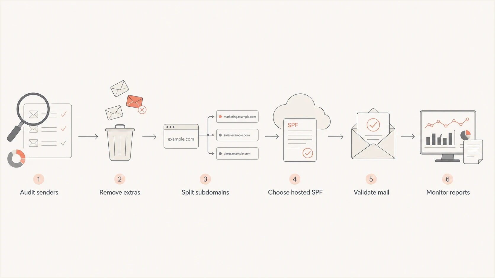 Flowchart showing SPF cleanup, hosted SPF, validation, and monitoring.