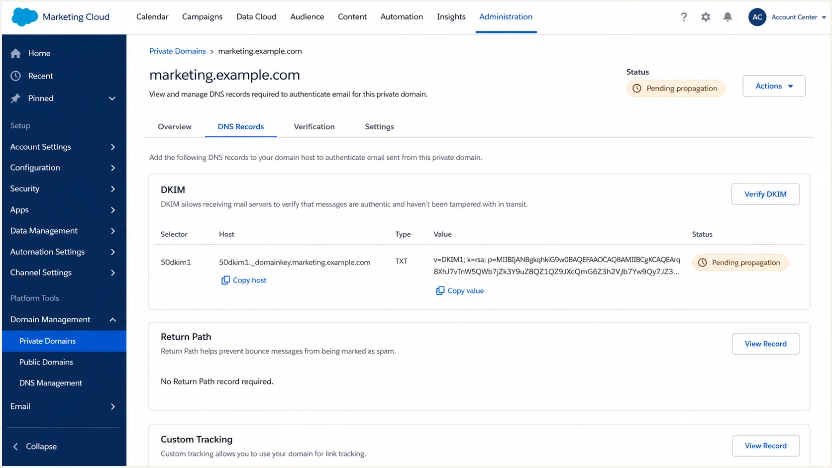 Salesforce Marketing Cloud DKIM selector and key screen.