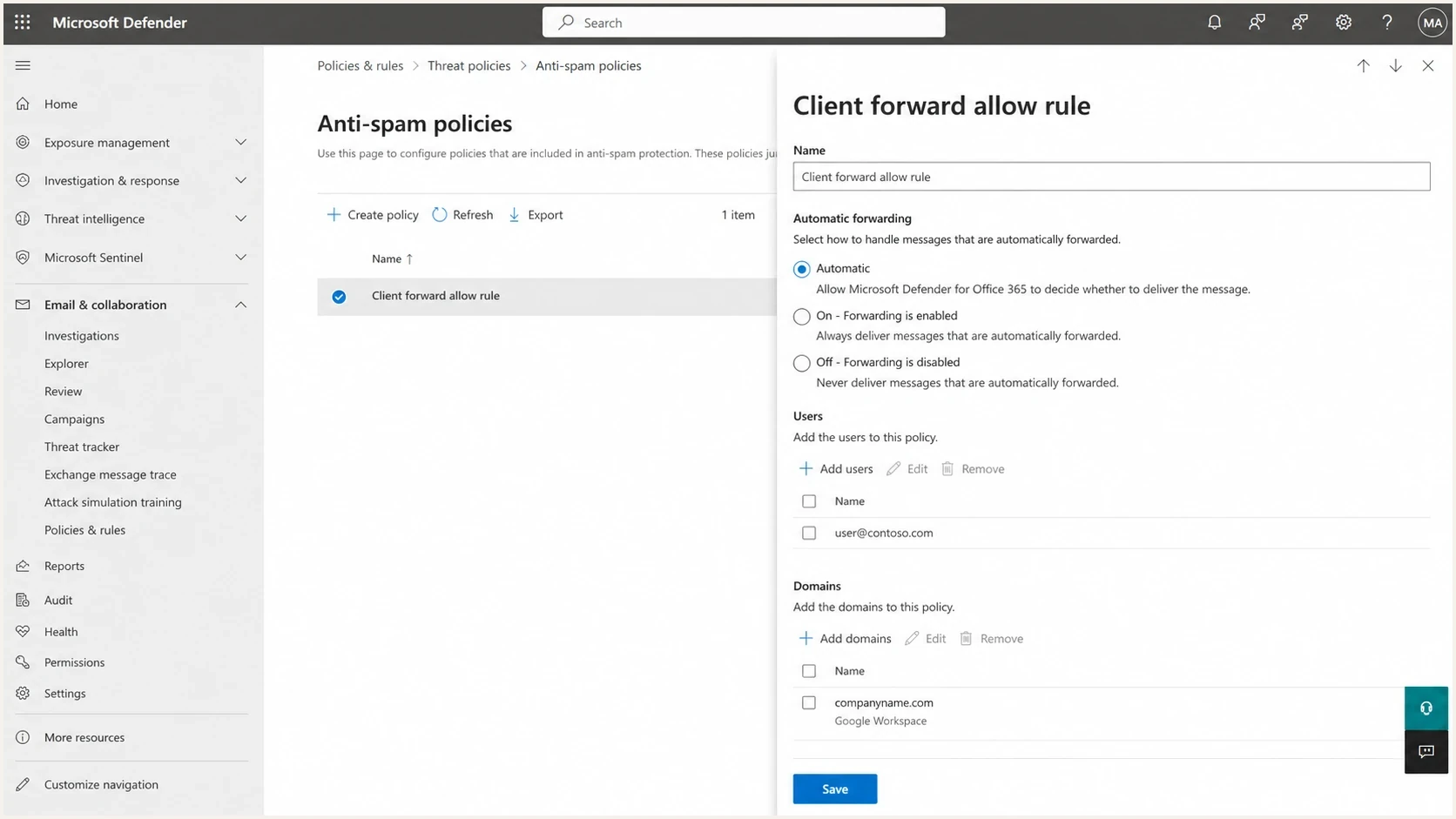 Microsoft Defender portal outbound anti-spam policy with automatic forwarding settings.