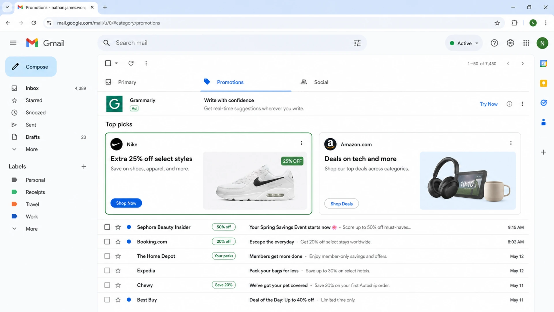 Gmail Promotions tab showing ads, a Top Picks bundle, and regular email rows.