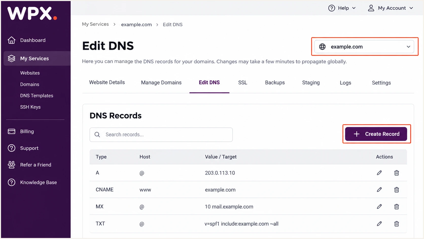 Illustrative WPX Edit DNS screen for selecting the sending domain.