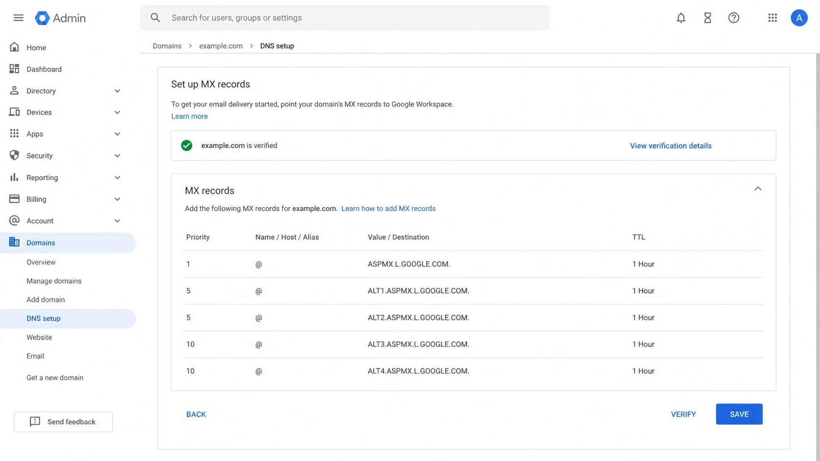 Google Admin console screen showing MX record setup rows.