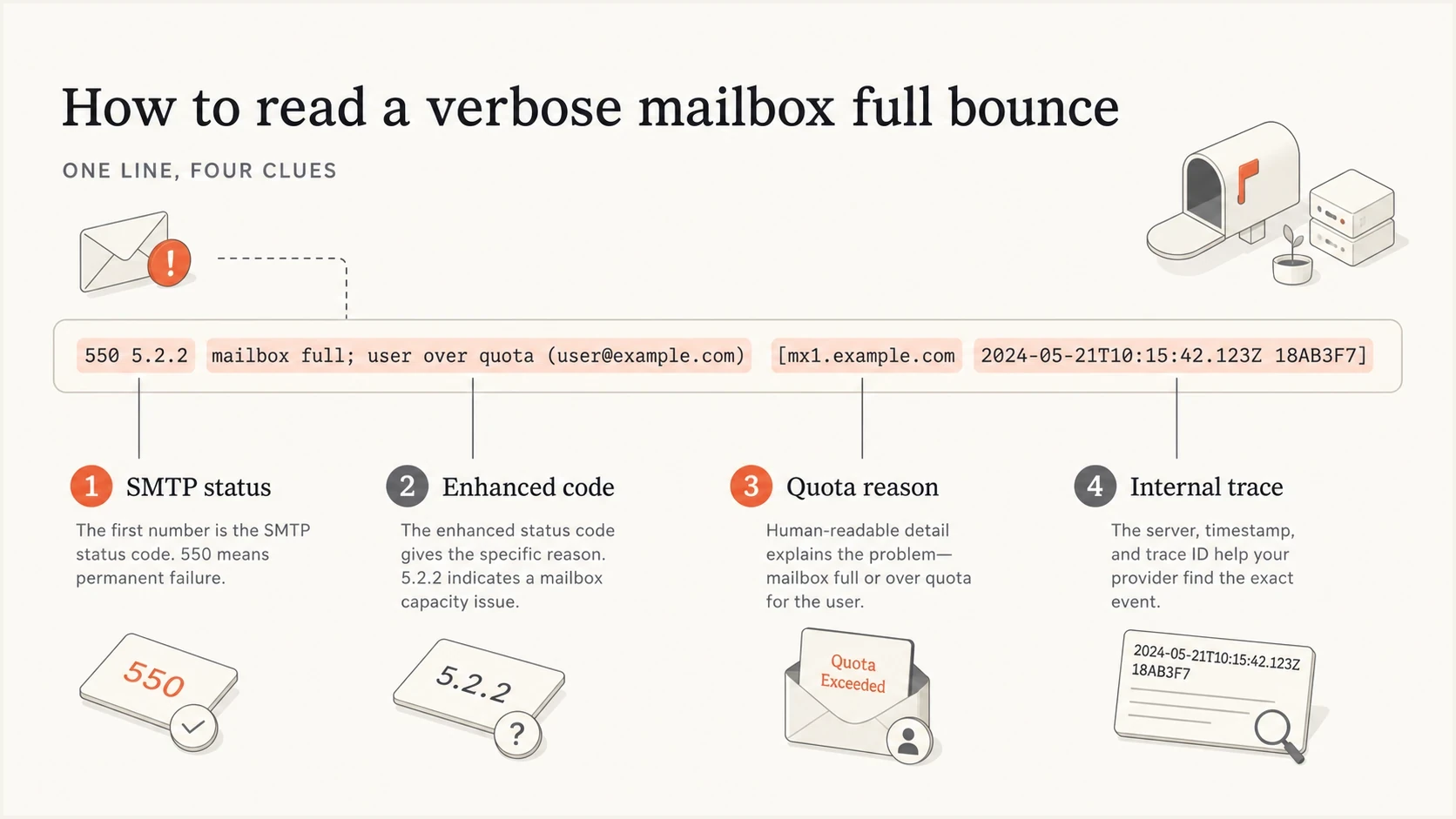 A simplified bounce message with callouts for SMTP status, enhanced code, quota reason, and internal trace.