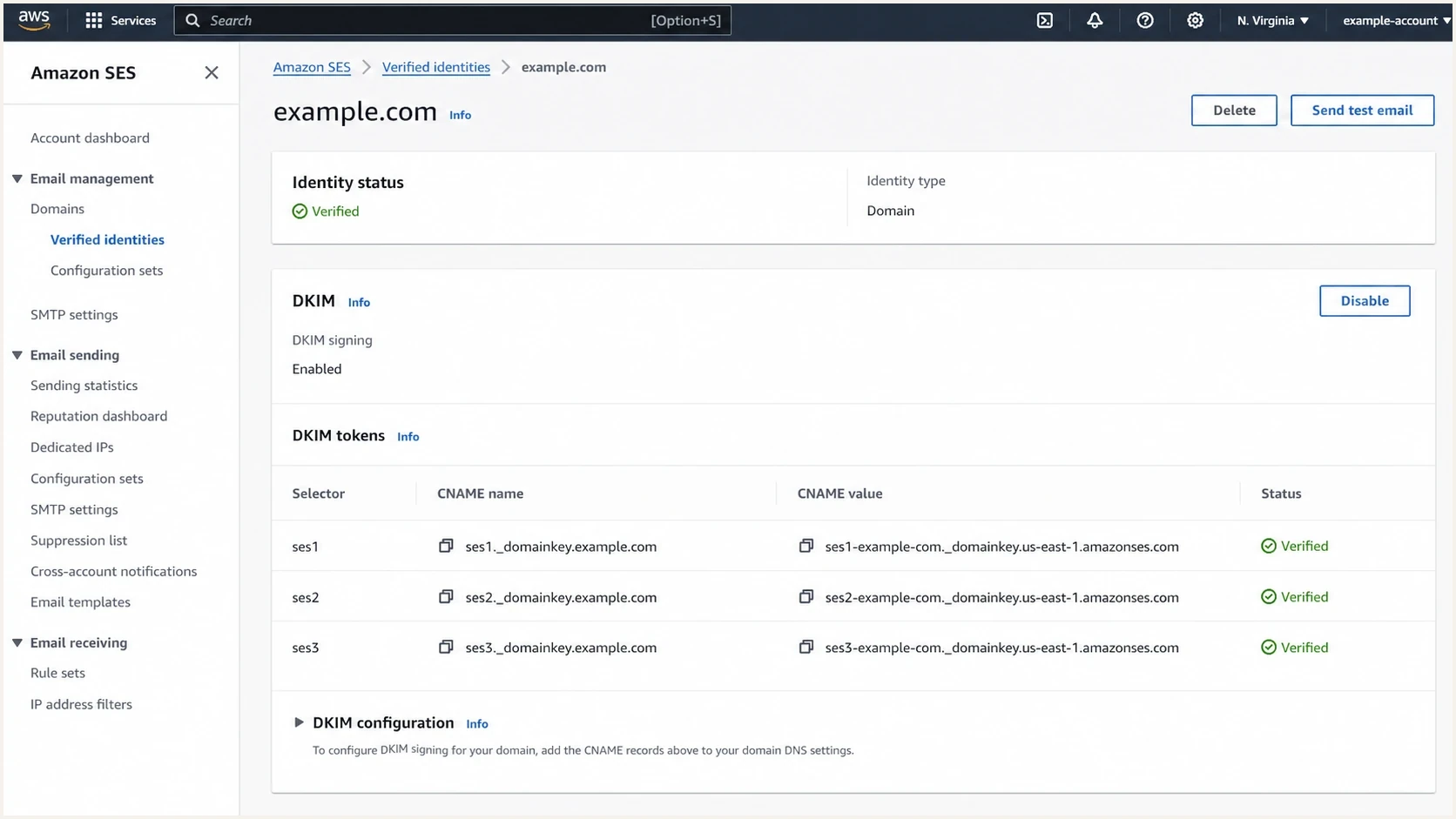 Amazon SES domain identity screen with DKIM CNAME records.