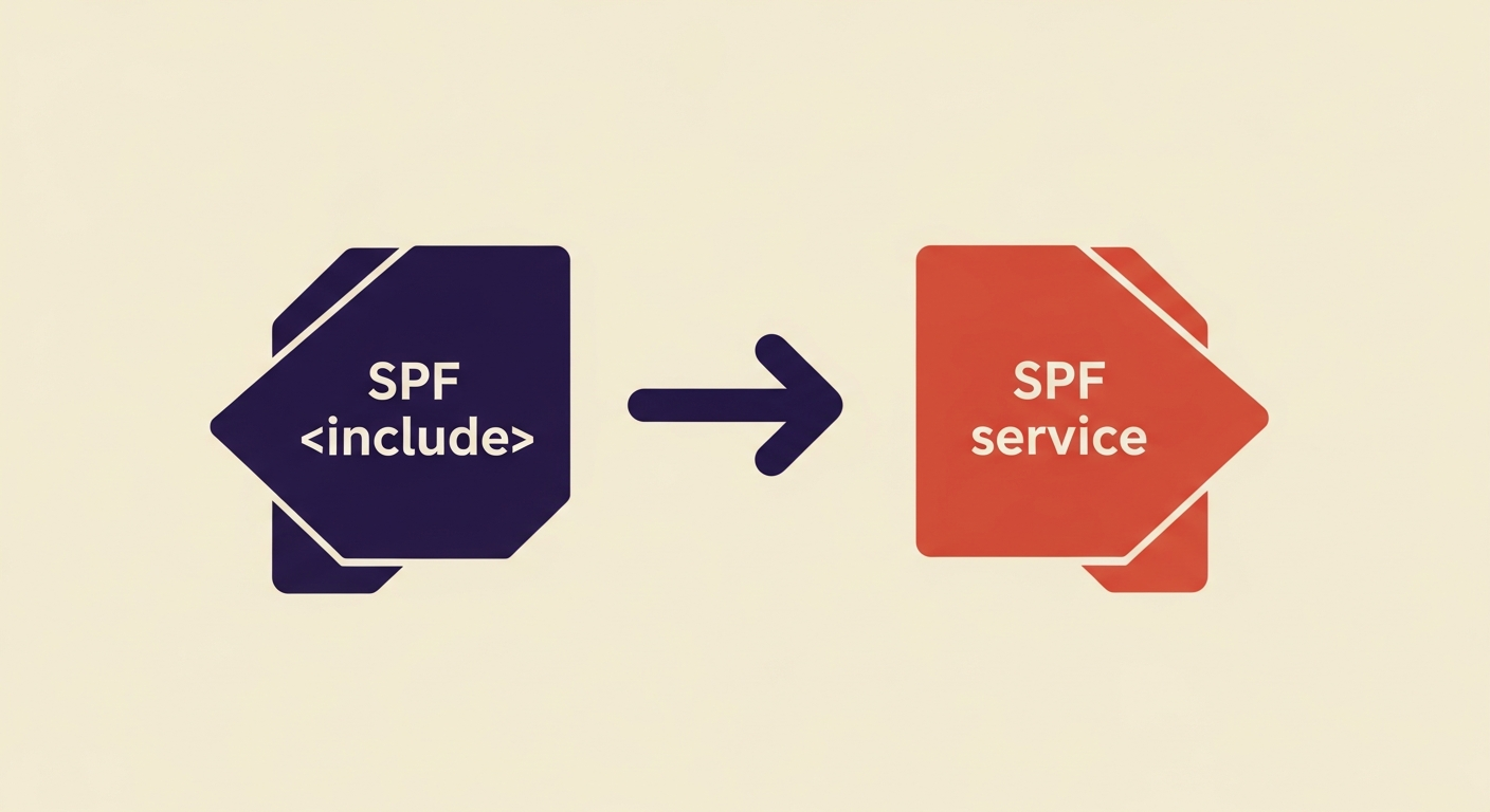 Graphic showing an SPF 'include' mechanism delegating authority to a third-party service