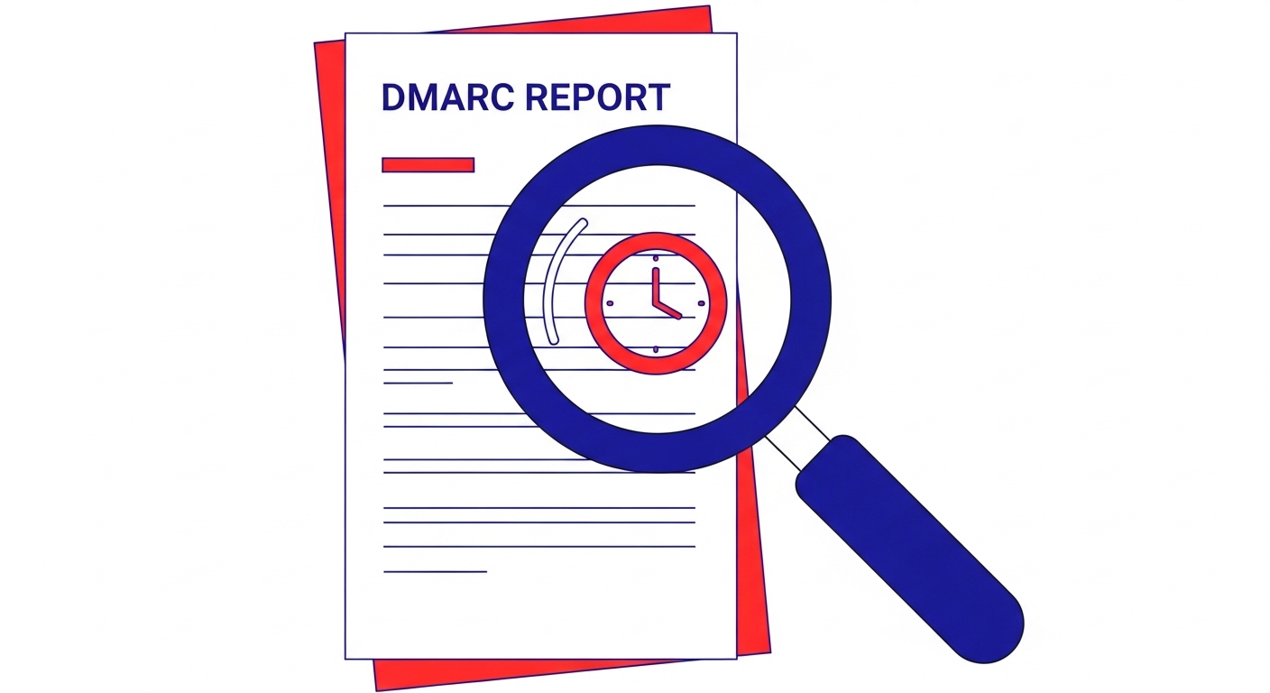 An illustration of a DMARC report with a magnifying glass focused on an SPF TempError icon.
