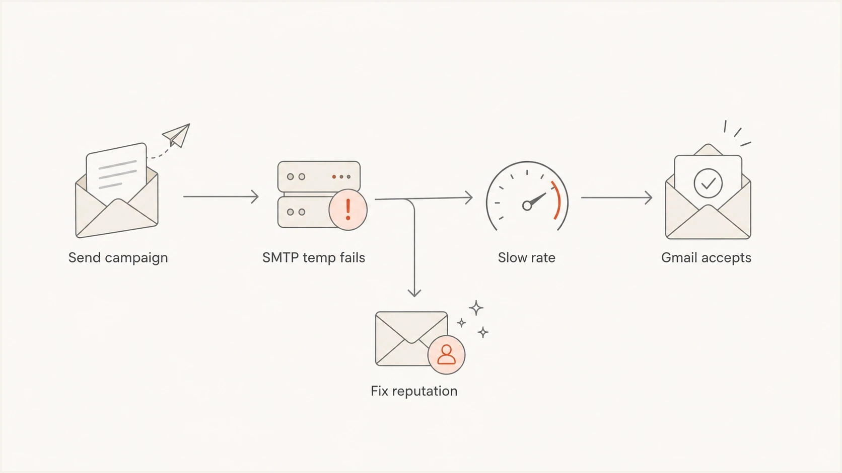 A decision flow showing when throttling helps Gmail delivery and when reputation fixes are needed.