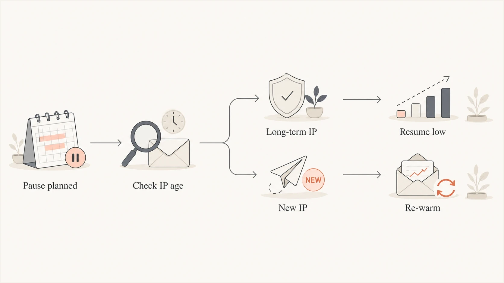 Restart decision path for long-term and newly warmed IPs after a pause.