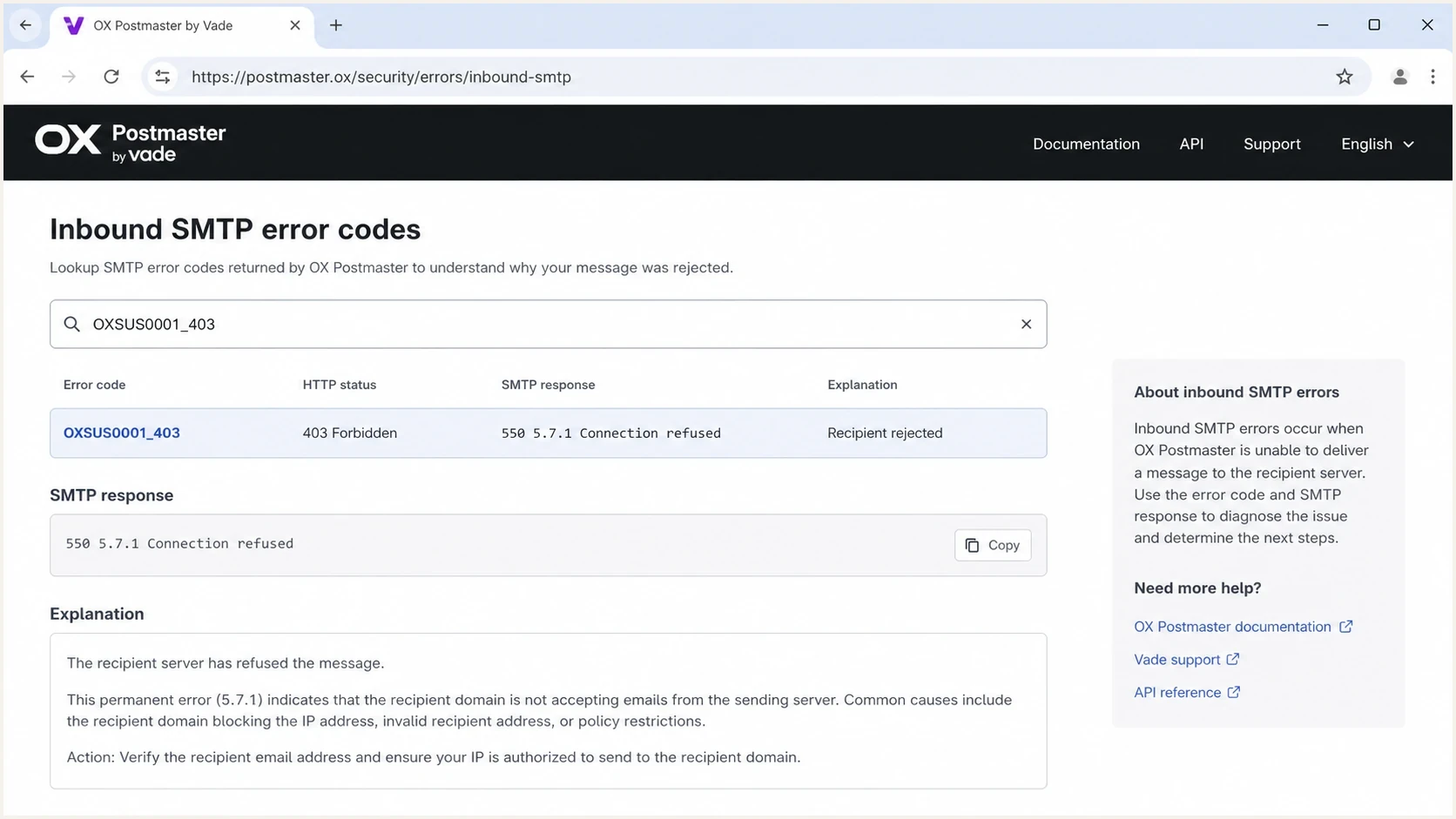 Screenshot-style view of OX Postmaster by Vade showing the OXSUS0001_403 code.