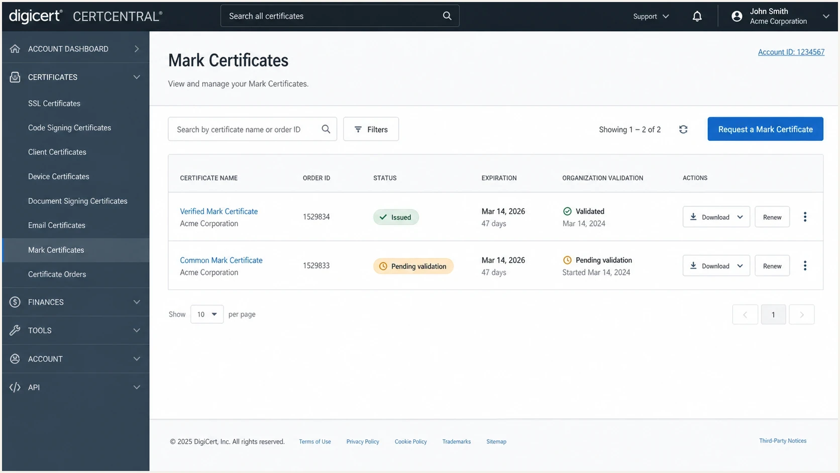 DigiCert CertCentral style screen showing Mark Certificate orders and validation status.