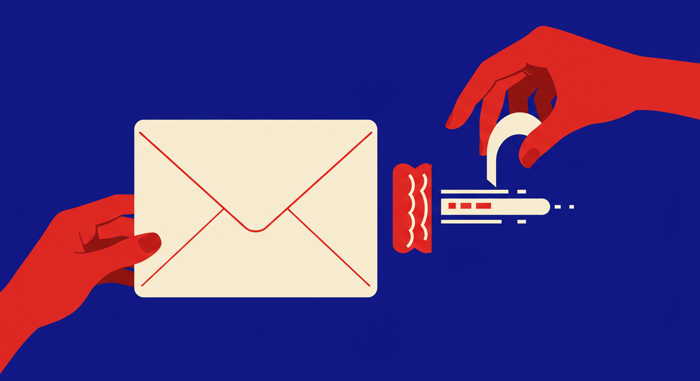 A secure digital envelope being transmitted, representing DKIM. The style of the images should be A minimalist retro illustration in the style of Malika Favre. Dominant colors are bright poppy red and deep royal blue. Vector art, high contrast. Do not put any words in the image or alphanumeric characters.