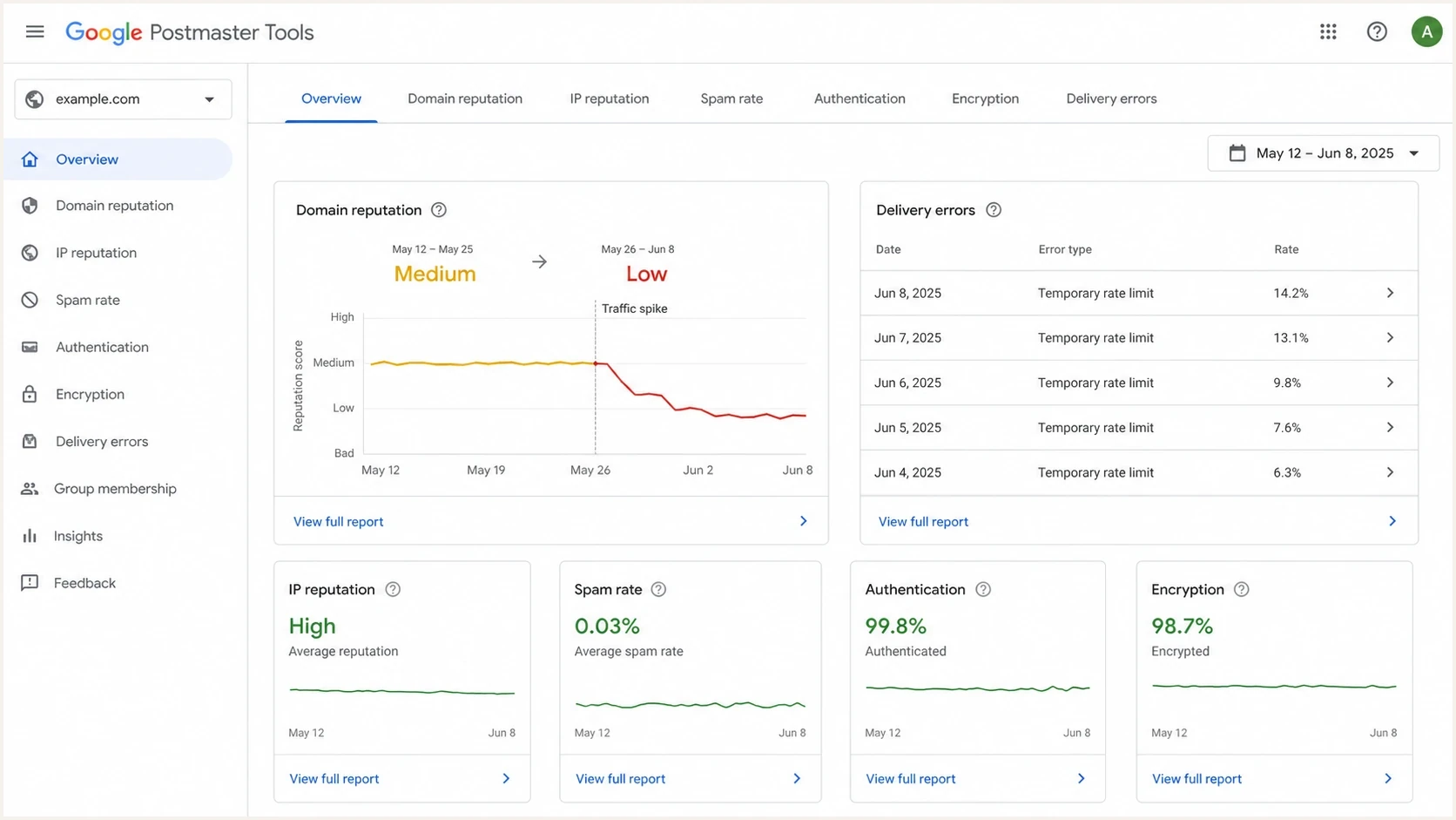 Google Postmaster Tools dashboard showing reputation and delivery errors.