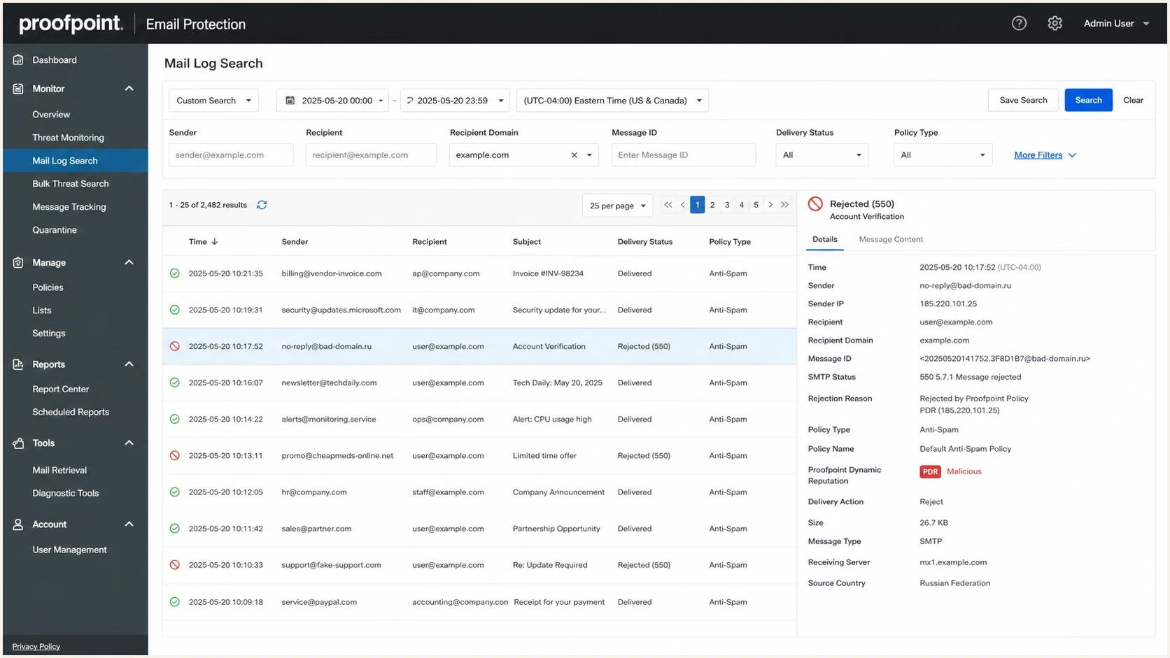 Proofpoint Email Protection mail log showing a PDR IP blacklist rejection detail panel.
