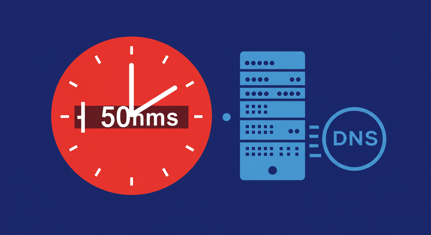 A minimalist retro illustration of a server with a timer set to 500ms next to it, indicating a DNS query timeout. The style is Malika Favre, with dominant bright poppy red and deep royal blue colors, high contrast vector art, and no text characters.