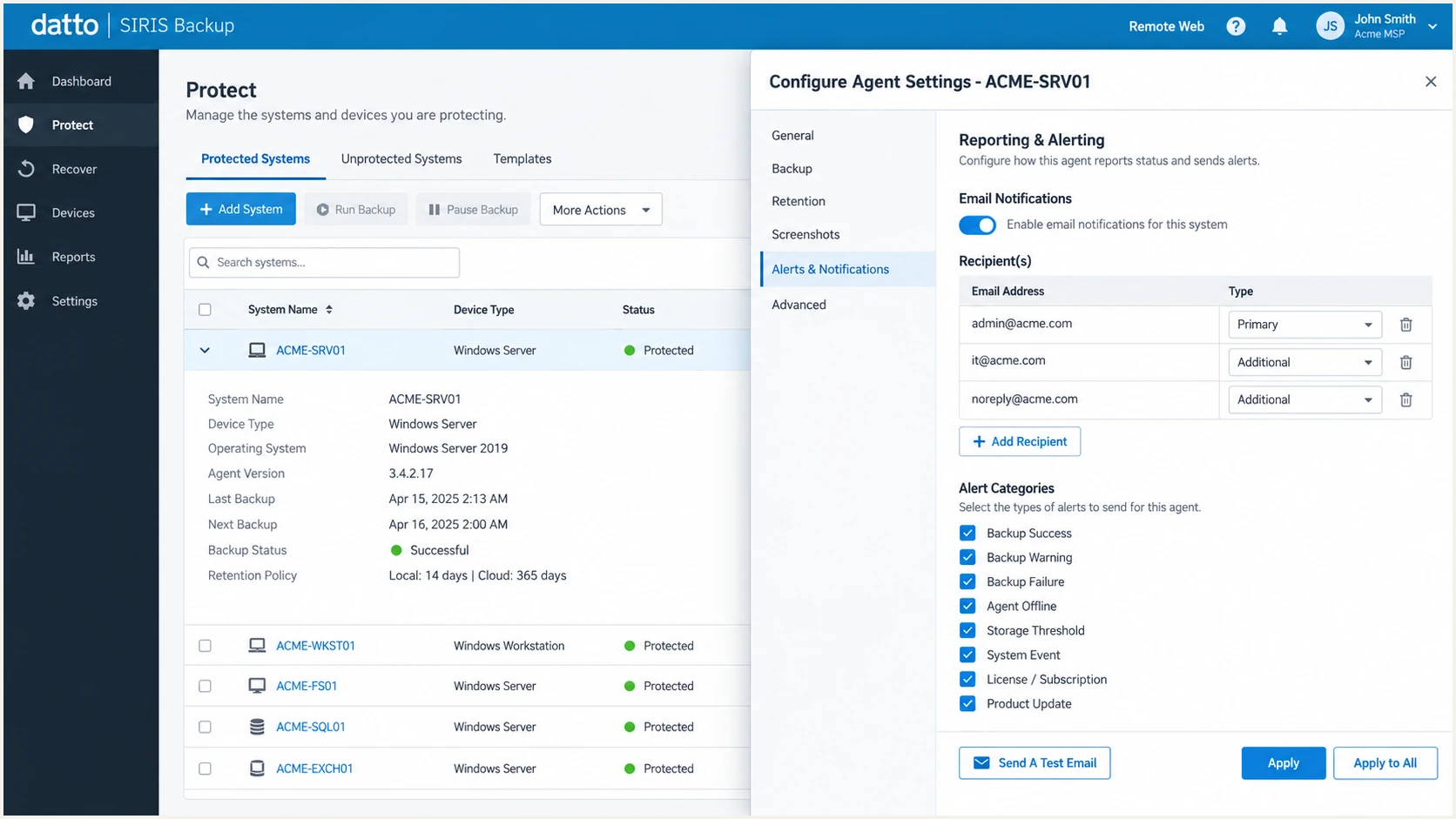 Datto SIRIS Email Notifications and test email controls