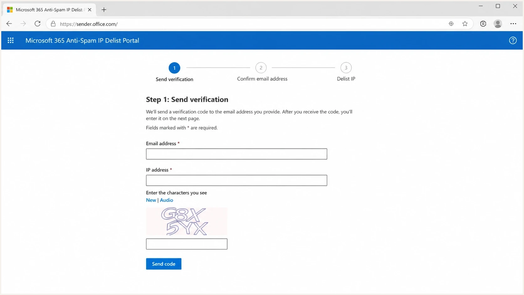 Microsoft Office 365 Anti-Spam IP Delist Portal with email and IP fields.