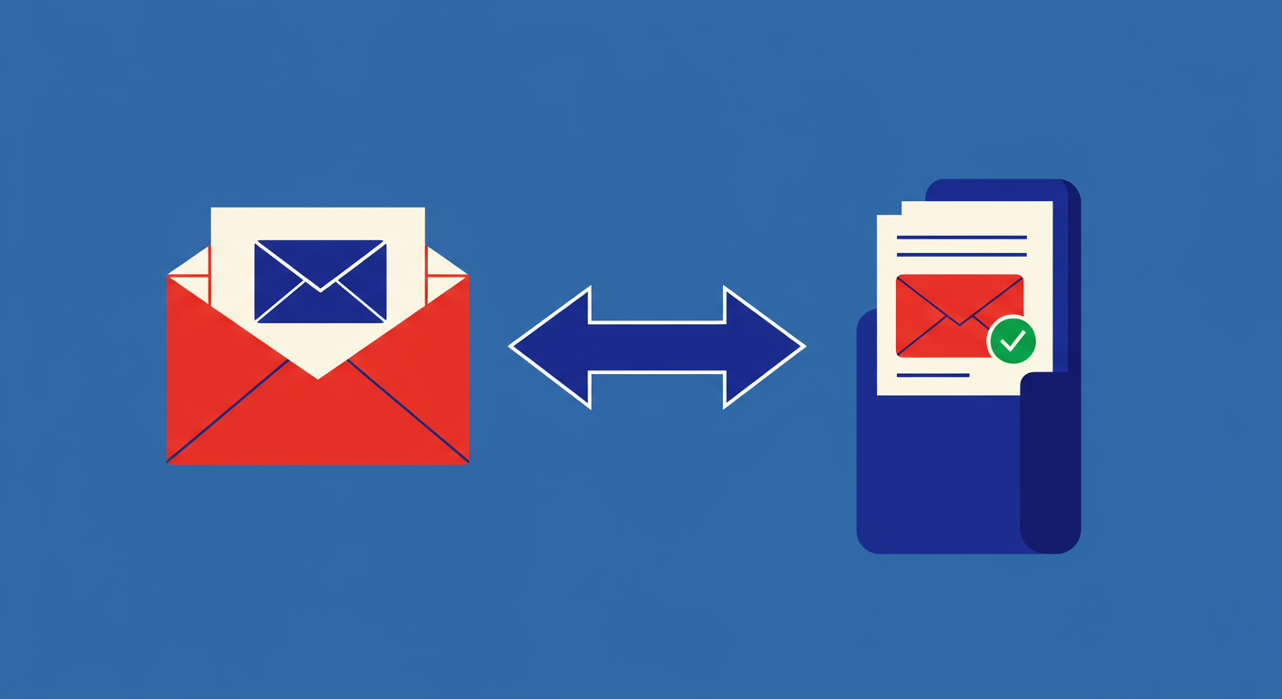 A diagram showing a brand's logo being attached to an email, which then gets a green checkmark of verification before landing in a user's inbox. The style of the images should be A minimalist retro illustration in the style of Malika Favre. Dominant colors are bright poppy red and deep royal blue. Vector art, high contrast. Do not put any words in the image or alphanumeric characters.